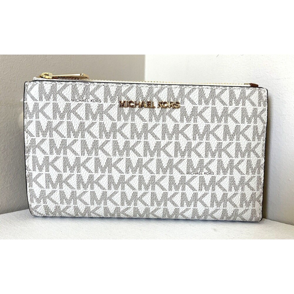 New Michael Kors Jet Set Travel Double zip wallet Signature Vanilla